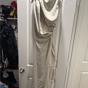 PrettyLittleThing Cream High-Low Draped Dress